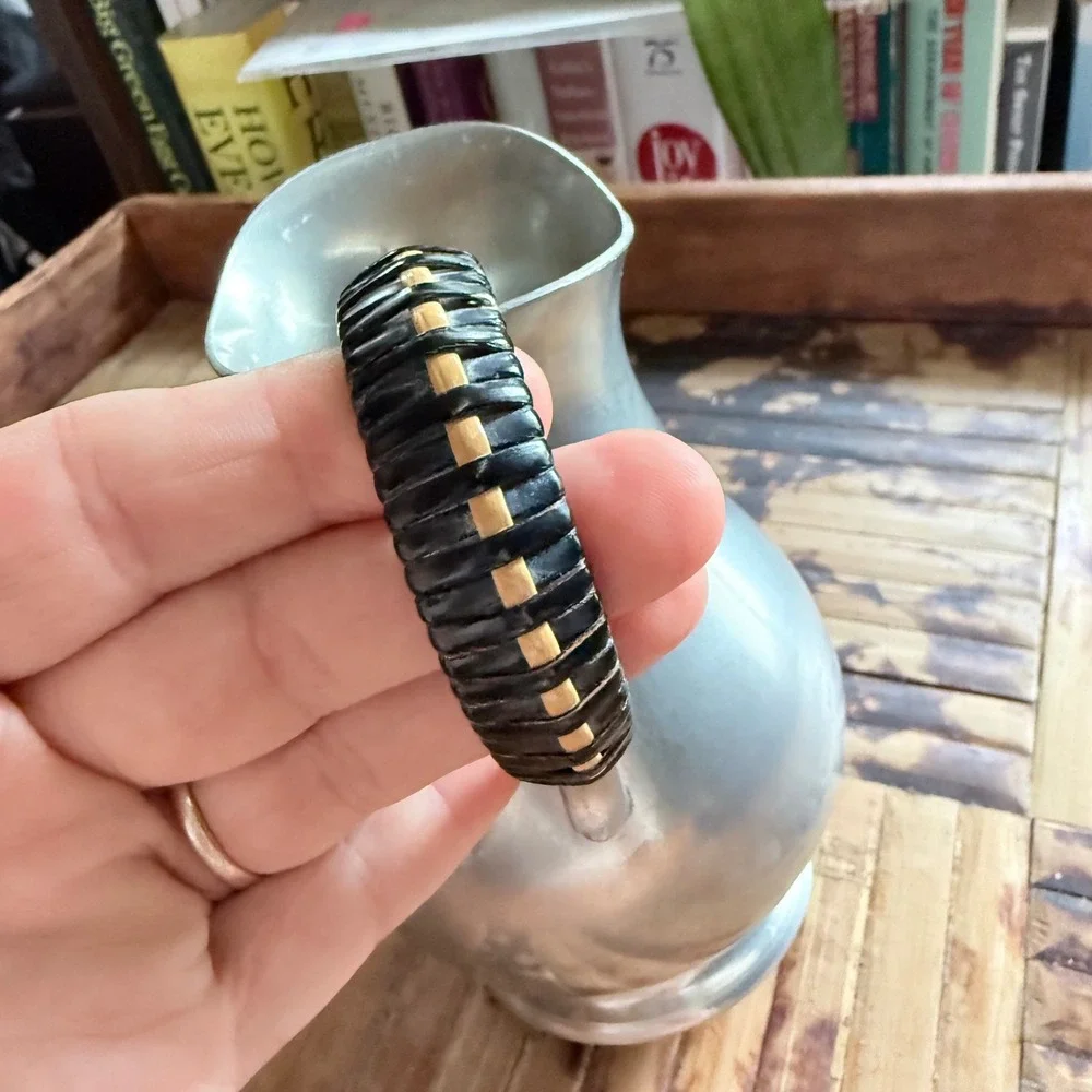 Vintage Meeuws & Zoon Pewter Pitcher – The Hague, Holland – Woven Rattan Handle